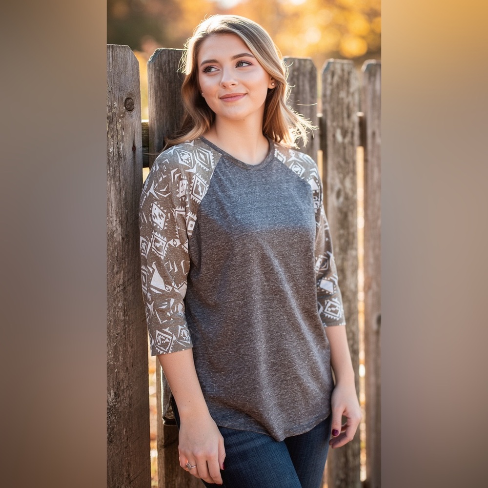 LuLaRoe Charcoal and Cream Geometric Sleeve Top